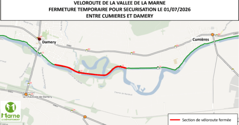 Fermeture temporaire de la Véloroute 52 entre Cumières et Damery le 1er juillet2026[https://www.marne.fr/actualites/fermeture-temporaire-de-la-veloroute-52-entre-cumieres-et-damery-le-1er-juillet-2026/]